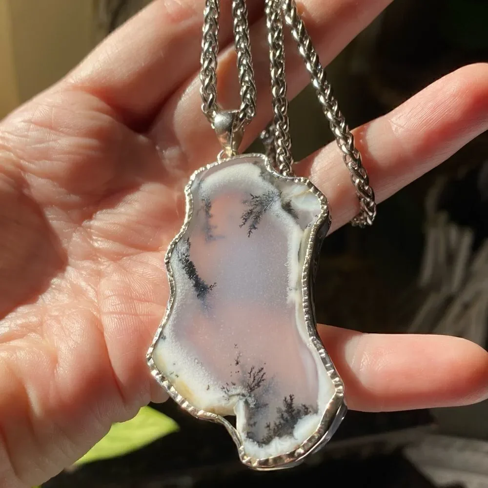 Large Merlinite Dendritic Opal Slice Sterling Silver Pendant Necklace